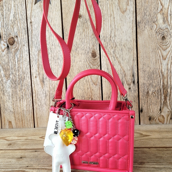 Steve Madden BNIKO3 In Fushia Pink Teddy Bear Dice Tote Crossbody Handbag - Picture 6 of 8